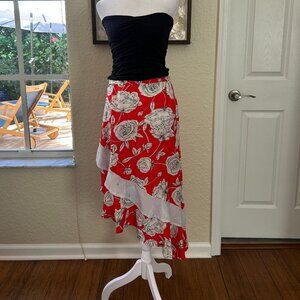 Jaase Red & White Floral Asymmetrical Skirt
